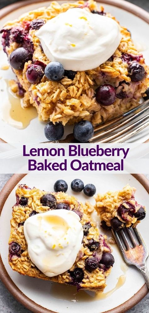 Lemon blueberry baked oatmeal is made with fresh lemon zest and juice and studded with sweet juicy blueberries! This nutritious lemon baked oatmeal is perfect for meal prep, a lazy weekend breakfast, or an afternoon snack. #bakedoats #bakedoatmeal #lemon #blueberries #healthyrecipes #healthybreakfast #oatmeal #mealprep Baked Oatmeal Freezer Meal, Overnight Oatmeal Casserole, Baked Oatmeal Breakfast Casserole, Overnight Oats Baked, Baked Oatmeal For A Crowd, Freezer Baked Oatmeal, Overnight Oats Casserole, Dump And Bake Breakfast, Baked Oatmeal With Eggs