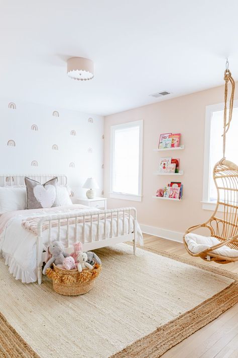 Toddler Girl Room Minimalist, Farmhouse Rainbow Bedroom, Intimate White Sherwin Williams Bedroom, Intimate White Nursery, Muted Rainbow Bedroom, Intimate White Sherwin Williams Nursery, Modern Toddler Girl Room, Pink Rainbow Room, Intimate White Sherwin Williams