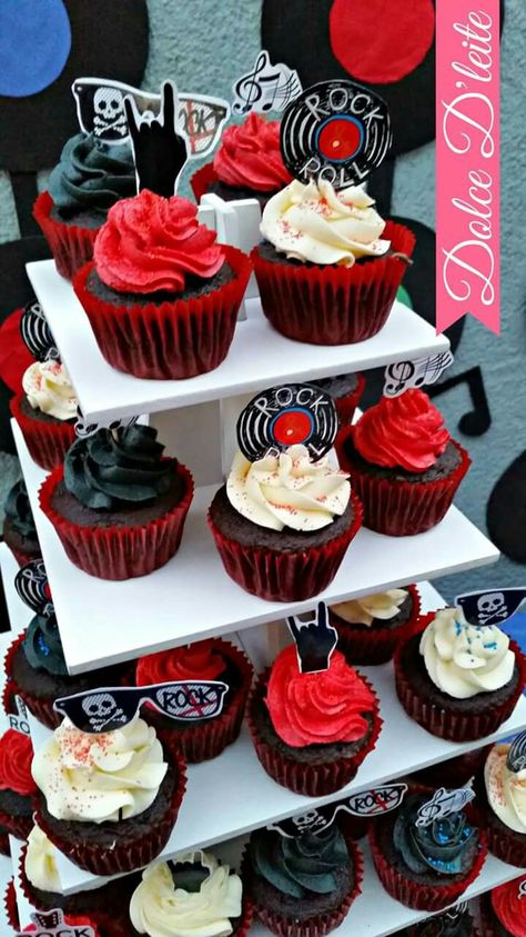 Rock Cupcakes Birthday, Rock And Roll Cupcakes Ideas, One Rocks Cupcakes, Rock N Roll Cake Ideas, Rock And Roll Desserts, Rock And Roll Dessert Table, Rock N Roll Cupcakes, One Rocks Birthday Party Food, Another One Bites The Dust Birthday Cake