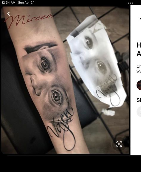 Daughter Eyes Tattoo, Son Portrait Tattoo Ideas, Daughter Portrait Tattoo Ideas, My First Tattoo Ideas, Portrait Art Tattoo, Rip Portrait Tattoo Ideas, Tattoos For My Son Ideas, Baby Eyes Tattoo, Eye Portrait Tattoo