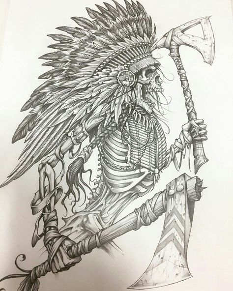 Native American Skeleton Tattoo, Warrior Theme Tattoo, Indian Skeleton Tattoo, Native American Shoulder Tattoo, Western Skull Drawing, Cowboy Vs Indian Tattoo, Indian Skull Tattoos Warriors, Indian Skull Drawing, Native Warrior Tattoo