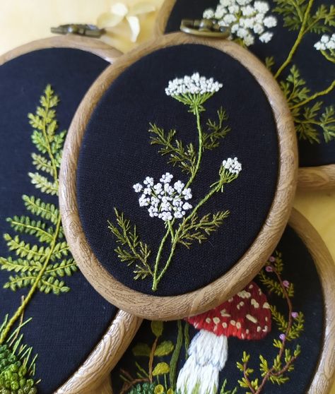 Embroidered Wild Flowers, Wild Flowers Embroidery, Embroidery Wild Flowers, Dried Flower Embroidery, Embroidery On Black Fabric, Wild Flower Embroidery, Witchy Embroidery, Embroidery Umbrella, Moss Embroidery