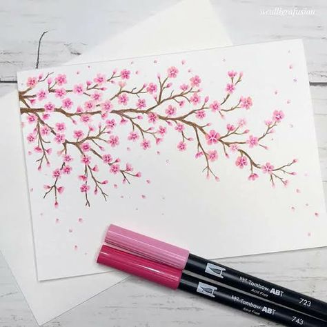 Cherry Blossom Drawing, Cute Flower Drawing, Cute Easy Paintings, Cherry Blossom Watercolor, Pen Work, Brush Pen Art, Bond Paper Design, Water Brush, Watercolor Card