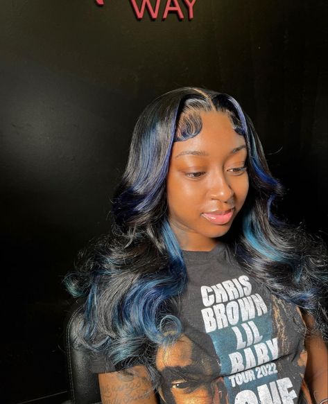 Sew In With Blue Highlights, Sew In With Color, Black And Blue Hair, Bday Hair, Royal Blue Hair, Hair Facts, Natural Hair Bun Styles, Curly Hair Drawing, Black Ponytail Hairstyles