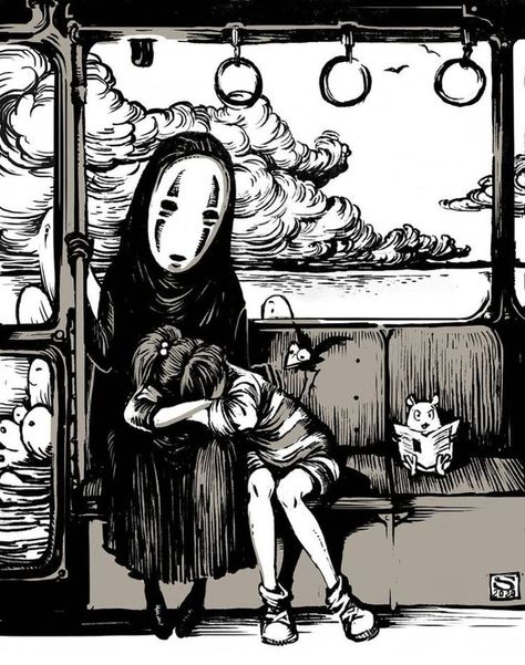 Studio Ghibli Manga Panels, Ghibli Art Draw, No Face And Chihiro, Studio Ghibli Manga, Ghibli Drawing, Train Scene, Ghibli Tattoo, Ink Pen Art, Ghibli Artwork