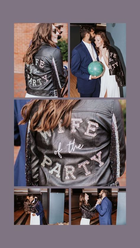 Wife of the Party faux leather jacket Wife Of The Party, Edgy Wedding, Rhinestone Letters, Bridal Outfit, Black Faux Leather Jacket, Black Rainbow, Rainbow Beads, Bride Look, Faux Leather Jacket