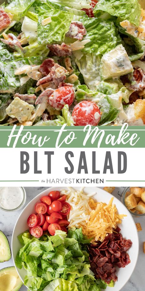 This easy chopped BLT Salad recipe is crowded with crispy lettuce, turkey bacon, juicy tomatoes, creamy avocado, cheese and homemade croutons. We toss this bacon lettuce tomato salad in a delicious creamy Ranch Dressing that makes this salad out-of-this-world delicious! Bacon Lettuce And Tomato Salad, Keto Salads For A Crowd, Things To Make With Romaine Lettuce, Cold Lettuce Salad Recipes, Blt Lettuce Salad, Blt Salad Recipe Dressing, Blt Lunch Ideas, Cheap Healthy Salads, Turkey Bacon Salad