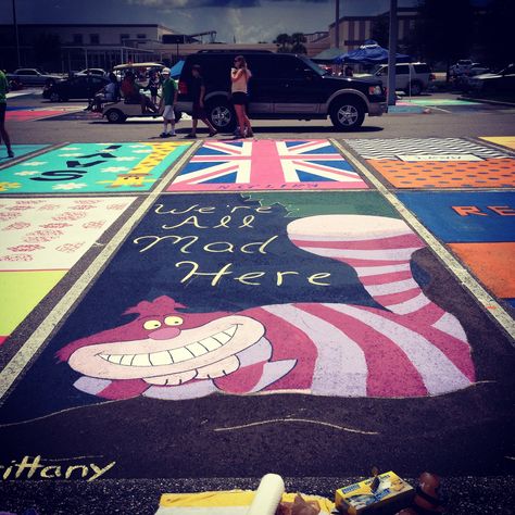 Senior parking spot! 😊~ Alice in Wonderland Parking Spot Ideas Funny, Senior Brick Ideas Painting, Alice In Wonderland Senior Parking Spot, Funny Senior Parking Spaces, Music Senior Parking Spots, Senior Parking Spaces Disney, Funny Parking Spot Painting Ideas, Alice In Wonderland Parking Spot, Senior Parking Spot Ideas Funny