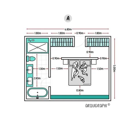 #architecturesight⁣ Which design is your favorite: A or B?⁣ 2 Bedrooms with the same area, 34m² - Main Bedrooms⁣ ⁣ Nowadays, bedrooms prioritize comfort, personal expression, and the integration of spaces, such as work areas.⁣ ⁣ ▪️ These are recommendations; in your country, you may have different design standards.⁣ ⁣ Get your copy now of "Guide to Architecture and interior design". ⁣ What does the Book contain?⁣ ✅ Architectural works⁣ ✅ The importance of color⁣ ✅ Decor/ Details/ Doors/ Windo... 2 Person Bedroom, Architecture Dimensions, Interior Design Guidelines, Drawing House Plans, Details Drawing, Design Analysis, Beautiful Bedrooms Master, Bedroom Drawing, Retro Bedrooms