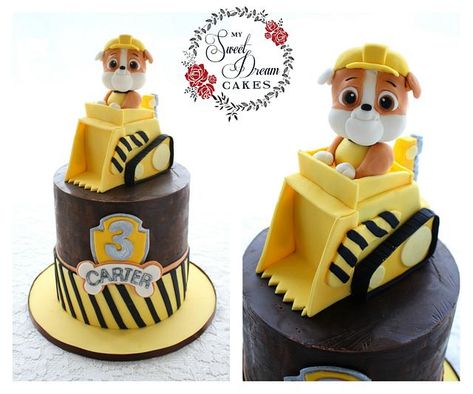 Paw Patrol pup Rubble in all his cuteness. I’m pretty sure he’s the real star of the show Rubble Paw Patrol Cake, Paw Patrol Torte, Digger Cake, Paw Patrol Birthday Theme, Paw Patrol Birthday Cake, Rubble Paw Patrol, 3rd Birthday Cakes, Real Star, Paw Patrol Cake