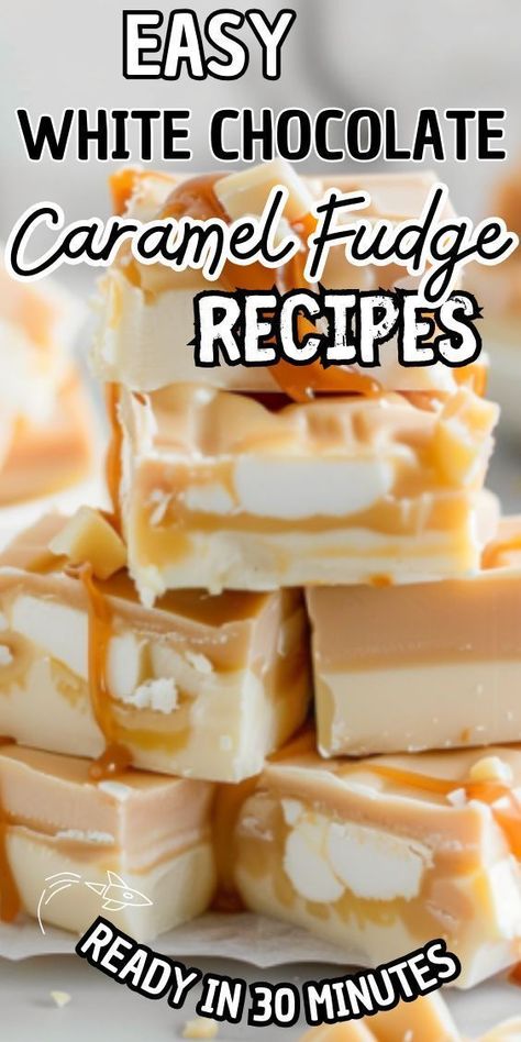 Easy White Chocolate Caramel Fudge recipe. Imagine smooth, creamy white chocolate mingled with ribbons of luscious caramel, creating a delightful confection that melts in your mouth. Whether you're craving a sweet treat for yourself or looking to impress guests at a gathering, this fudge is Chocolate Caramel Fudge Recipe, Carmel Fudge, Caramel Fudge Recipe, Chocolate Caramel Fudge, White Chocolate Fudge Recipes, White Chocolate Caramel, Coffee Fudge, White Chocolate Fudge, Salted Caramel Fudge