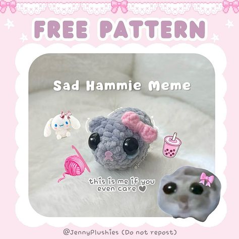 𐙚 ‧₊ Sad Hammie FREE PATTERN ˚ ⋅♥︎ It’s finally here! 🎀🥺 I’m am so so excited to finally share with you all this silly little pattern! It’s a really quick & fun pattern that took me under an hour to finish (with no breaks), which makes it perfect for markets or as a cute little gift! The hamster is completely no-sew and the bow requires minimal sewing just to join the ends! 💗 If you would your own copy of the PDF (+ support me), the full pattern is also available in my Etsy shop Hamster Crochet, Quick Crochet Projects, Easy Crochet Animals, Crochet Design Pattern, Beginner Crochet Projects, Crochet Amigurumi Free, Quick Crochet, Fun Crochet Projects, Diy Sewing Clothes