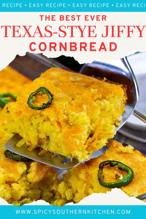 Texas-Style Jiffy Cornbread is kicked up with corn, jalapenos, and cheddar. So easy to make and goes with practically anything. Jalepeno Cheese Cornbread Jiffy, Jalapeno Cornbread Jiffy Creamed Corn, Jiffy Mix Jalapeno Cornbread, Jalapeno Cornbread With Jiffy, Jiffy Box Cornbread Recipes, Corn Bread Jiffy Recipes With Cream Corn And Jalapeños Cheese, Spicy Jiffy Cornbread Recipes, Jiffy Cornbread Recipes With Corn, Hot Water Cornbread Recipe Jiffy