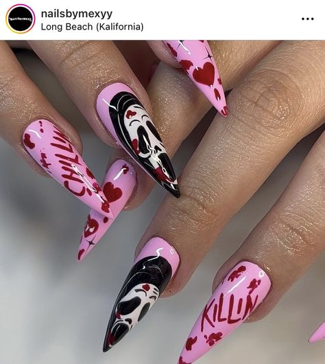 Scream Movie Nails, Scream Face Nails, Ghost Face Nails Pink, Scream Valentine Nails, Pink Scream Nails, Pink Ghostface Nails, Scream Mask Nails, Nail Designs Scream, Scream Halloween Nails