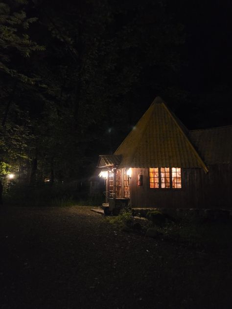 #House #forest #night Forest Night Aesthetic, Cabin At Night, House Forest, Mountains Camping, Mountain Aesthetic, Mountain Camping, Forest Cabin, Forest Night, Wooden Cabins