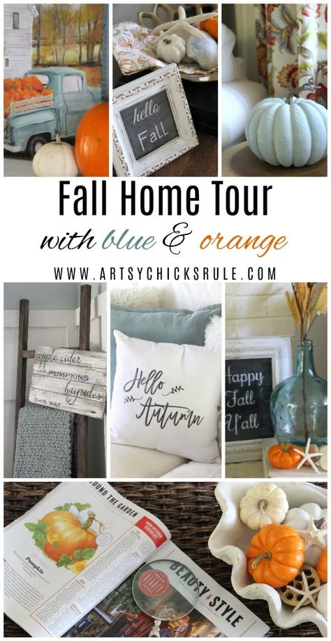 A Traditional Fall Home Tour (with pretty aquas AND orange!) artsychicksrule.com #fallhometour #coastalfall Teal And Orange Fall Decor Living Room, Blue Orange Fall Decor, Teal And Orange Fall Decor, Fireplace On A Budget, Blue And Orange Fall Decor, Front Porches Ideas, Porches Ideas, Style Mantle, Orange Fall Decor