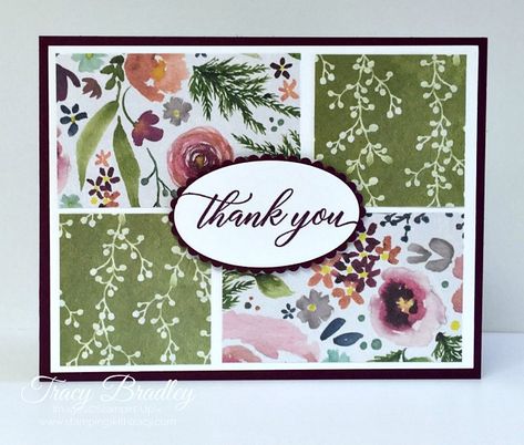 Frosted Floral Thanks by tracybrad - at Splitcoaststampers Designer Paper Cards, Card With Flowers, Stamping Up Cards, Card Patterns, Card Sketches, Card Layout, Paper Crafts Cards, Floral Cards, Creative Cards