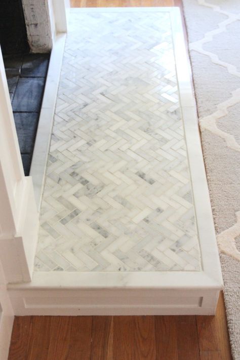 Herringbone Fireplace, Backsplash Herringbone, Hearth Fireplace, Diy Home Decor Living Room, Brick Hearth, Diy Fireplace Makeover, Tile Fireplace, Brick Tile, Marble Tile Floor