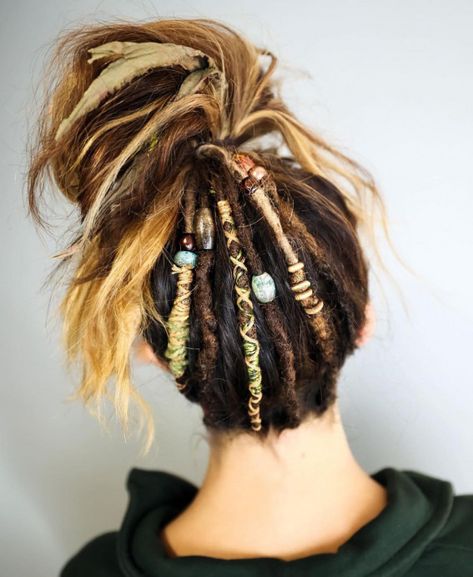 Half Head Dreads Short Hair, Bun With Beads, Dreadlock Buns, Partial Dreads Short Hair, Half Head Dreads, Half Dreaded Hair, Dreads Short Hair, Partial Dreads, Boho Hair Wrap