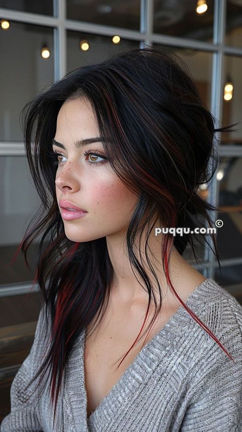 Black Hair With Red, Hair With Red Highlights, Black Hair With Red Highlights, Edgy Vibes, Red Hair With Highlights, Black Red Hair, Dip Dye Hair, Red Highlights, Hair Color Techniques