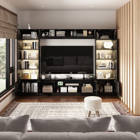 Tv Room Setup, Tv Wooden Panel Tv Walls, Tv And Bookshelf Wall, Tv Stand With Bookshelves, Bookshelf Entertainment Center, Wall Unit Tv, Living Room Cupboards, Tv Stand Bookshelf, Tv Stand With Led Lights