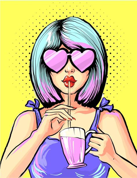 Pop art woman drinking cocktail in heart shape glasses royalty free illustration Images Pop Art, Pop Art Comic Girl, Pop Art Images, Pop Art Drawing, Pop Art Women, Vintage Pop Art, Pop Art Girl, Pop Art Illustration, Pop Art Canvas