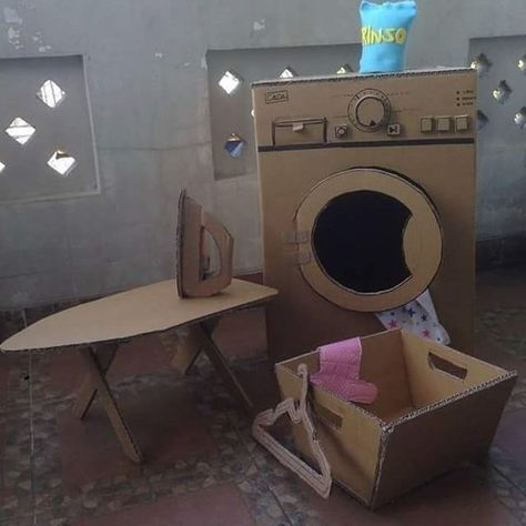 Small Cardboard Box Craft Ideas, Cardboard Washing Machine, Things To Make Out Of Cardboard, Cardboard Crafts For Kids, Cardboard Kitchen, Cardboard Ideas, Diy Cardboard Toys, Cardboard Crafts Kids, Carton Diy