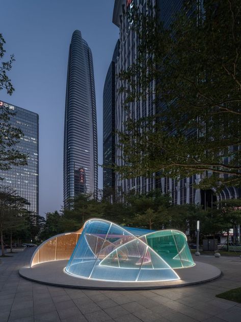 MARS studio's isle of light weaves urban island of color in shenzhen Light And Shadow Art, Light Sculpture Installation, Urban Spaces Design, Park Lighting, Interactive Lighting, Urban Island, Street Installation, Public Space Design, Design Basics