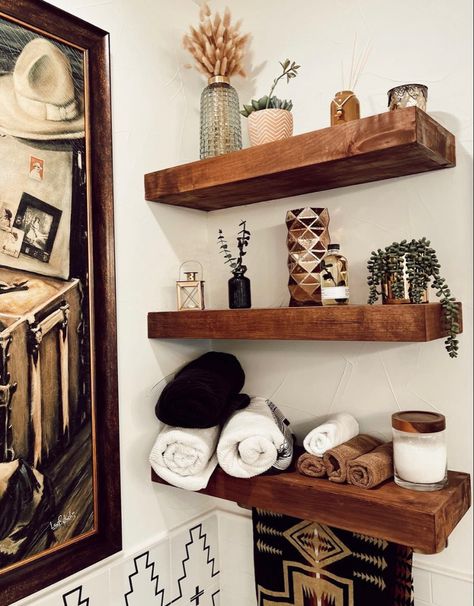 Western Shelves Decor, Western Bathroom Shelf Decor, Small Bathroom Western Decor, Small Front Porch Ideas Western, Western Bathroom Counter Decor, Western Boho Shelf Decor, Western Chic Bathroom Ideas, Bathroom Western Ideas, Simple Western Bathroom