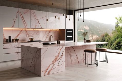 Pink and gold marble kitchen interior design Pink Marble Kitchen, Marble Kitchen Interior, Marble Kitchen Island, Cozy Baby Room, Kitchen Interior Design, Marble Kitchen, Marble Counter, Kitchen Marble, Reno Ideas