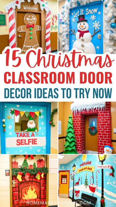 christmas classroom door decor ideas Holiday Teacher Door Decorations, Teacher Holiday Door Decorations, Preschool Door Winter, Classroom Door Decor For Christmas, Christmas Door Decorations Nursing Home, Preschool Holiday Decorations, Gingerbread Door Ideas For Classroom, Christmas Classroom Decorations For Kids Door Decorating, Creative Classroom Door Ideas