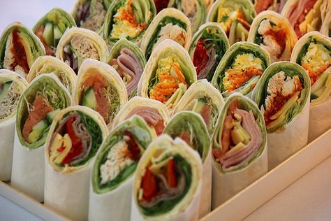 wraps, inspiration for my rotis Sandwiches Party, Wedding Catering Menu, Brunch Catering, Salmon Wrap, Sandwich Platter, Wedding Appetizers, Gourmet Sandwiches, Breakfast Wraps, Veggie Wraps