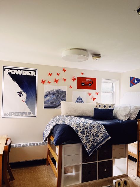 nautical skiing dorm slu st lawrence blue red white matching cute preppy roller rabbit Red White And Blue Room Ideas Bedrooms, White And Navy Dorm Room, Navy Blue And Red Bedroom, Unc Dorm Room, Dorm Room Navy Blue, Dark Blue Dorm Room Aesthetic, Dorm Inspiration Blue, Orange And Blue Dorm Room, Navy Blue Dorm Room Ideas