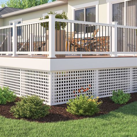 Decorative Lattice is a perfect yard or deck accent that can enhance or add beauty to your home or creative project. Low-maintenance, impact-resistant plastic material will ensure that your lattice is stable in extreme climates and will be as strong as it is attractive. Lattice is quick and easy to install. Available in a variety of colors and styles with color matching accessories. Style Selections 1/4-in x 48-in x 8-ft White Vinyl Privacy Lattice | 73055836 Deck With Lattice Skirting, Patio Lattice Ideas, Screened In Porch With Lattice, Lattice For Deck Skirting, Deck Lattice Skirting, Under Deck Lattice Ideas, Lattice For Deck, Lattice Deck Skirting, Porch Lattice Ideas