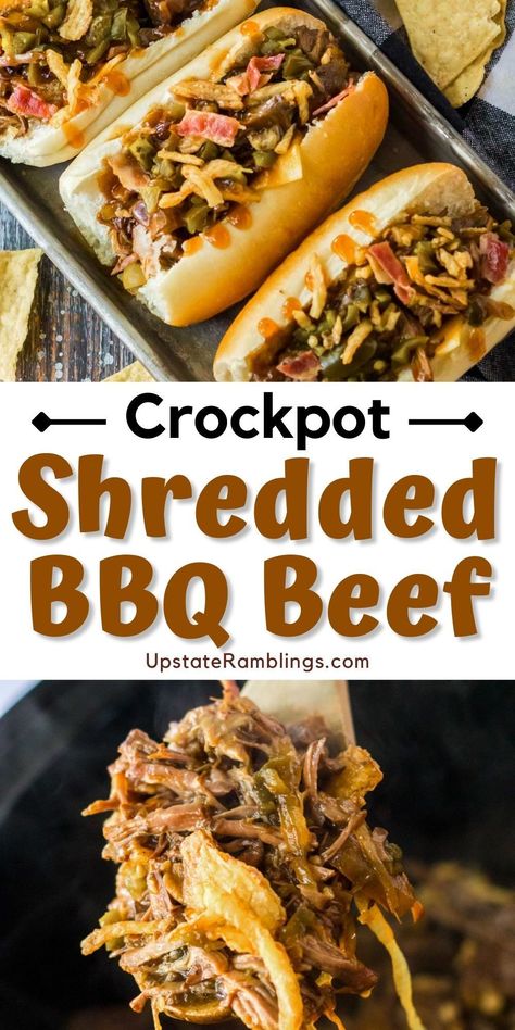 Crockpot Shredded BBQ Beef Shredded Beef Recipes Oven, Shredded Beef Sandwiches Crockpot, Sandwiches With Bacon, Crockpot Shredded Beef, Shredded Beef Sandwiches, Slow Cooker Bbq Beef, Bbq Beef Sandwiches, Shredded Beef Recipes, Bbq Chicken Legs