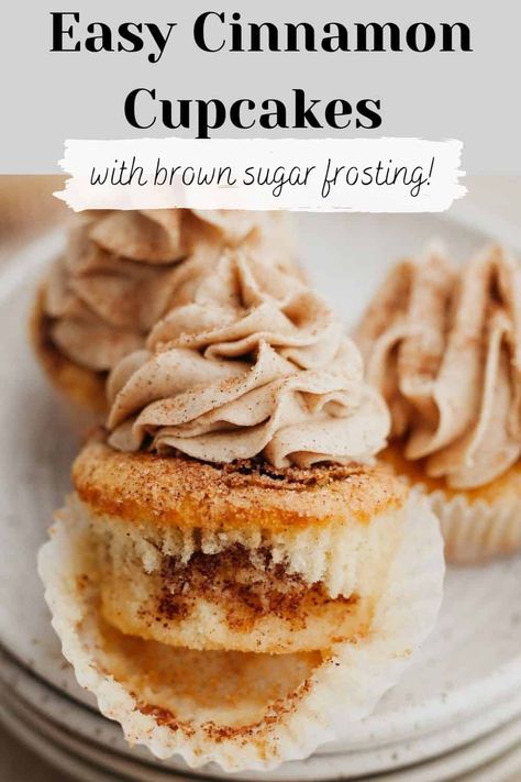 three frosted cupcakes on a white plate. Cinnamon Cupcakes Recipe, Cinnamon Swirl Cupcakes, Cinnamon Buttercream, Brown Sugar Frosting, Cinnamon Cupcakes, Swirl Cupcakes, Sugar Frosting, Cinnamon Recipes, Brown Spots Removal