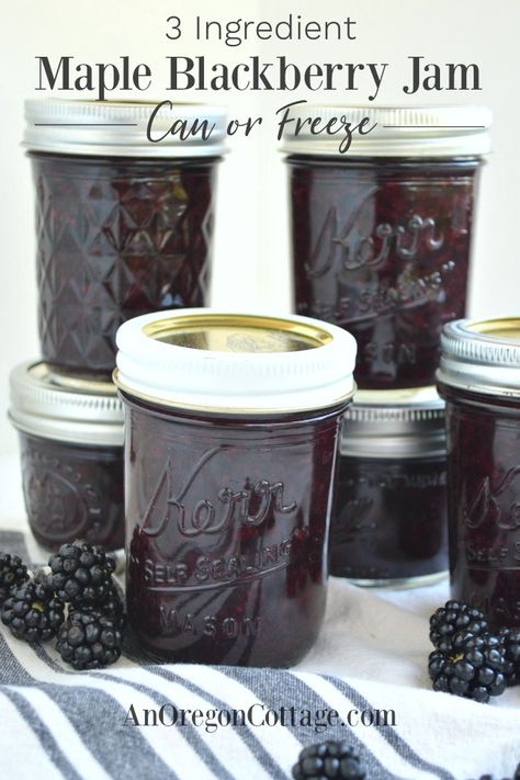 Homemade blackberry jam sweetened only with maple syrup! Using just 3 ingredients and no pectin, this jam recipe can be put in the freezer or canned (tip- which would make it a great Christmas gift!). #blackberries #jam #maplesyrup #anoregoncottage Blackberry Jam Recipe, Homemade Blackberry Jam, Blackberry Jam Recipes, Freezer Jam, Water Bath Canning, Blackberry Jam, Jam And Jelly, Jam Recipe, Vegetable Drinks