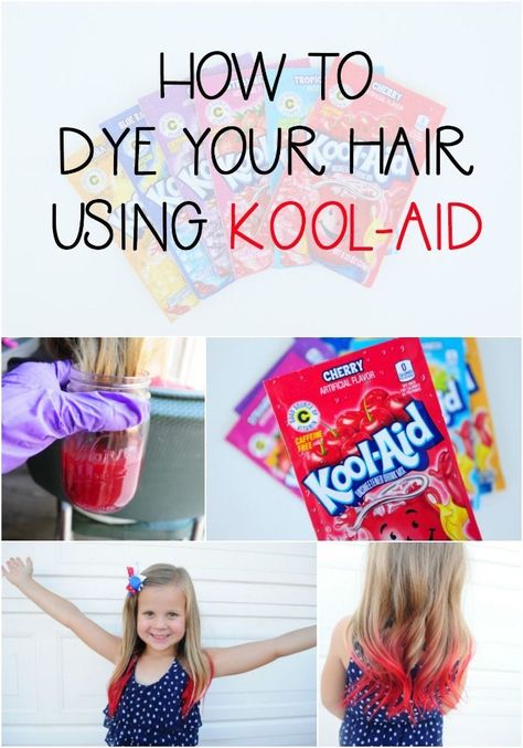 Red Kool Aid, Hair Dye For Kids, Kool Aid Hair Dye, Kool Aid Hair, Kids Hair Color, Diy Hair Dye, Dyed Tips, Hair Dye Tips, Temporary Hair Dye