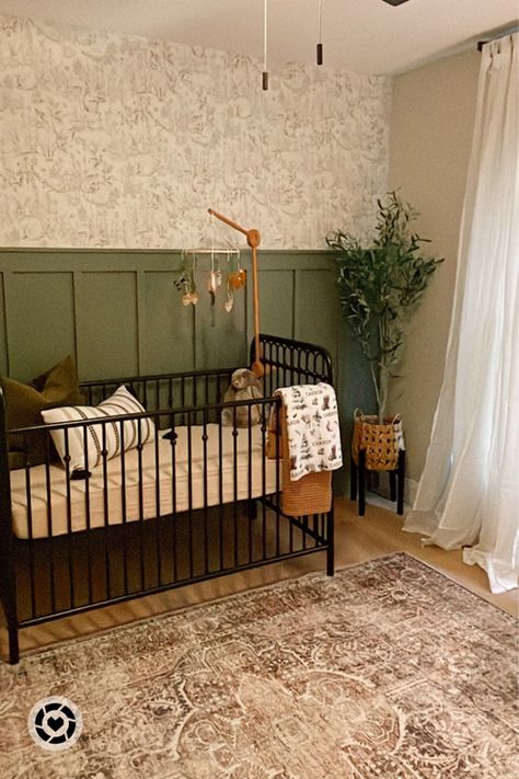 Nurseries With Wallpaper, Natural Color Nursery Ideas, Realistic Nursery, Victorian Nursery Ideas, Green And Brass Nursery, Batton Board Nursery, Modern Nature Nursery, Green Forest Nursery, Moody Boho Nursery