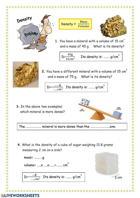 Density. Problems worksheet Mass Volume Density Worksheet, Density Worksheet, Physics Lessons, Biology Projects, Geography Worksheets, Lab Work, Sink Or Float, Different Fruits And Vegetables, Montessori Elementary