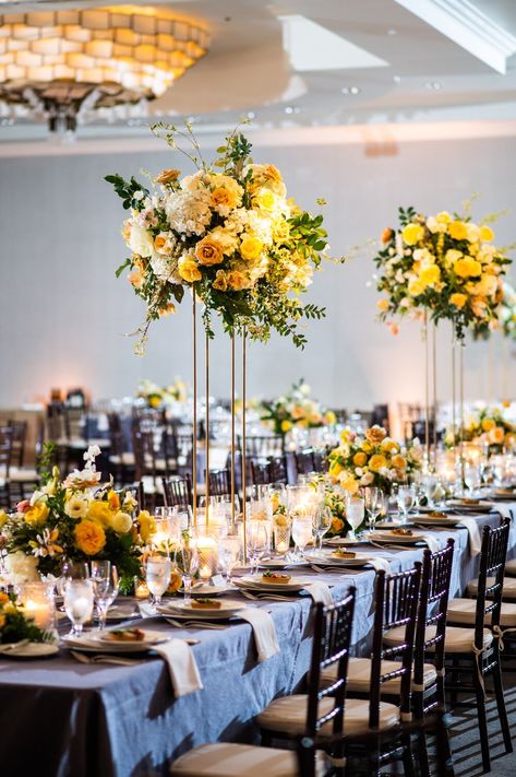 Yellow Wedding Decorations, Yellow Wedding Theme, Tall Wedding Centerpieces, Lovely Sunday, Yellow Wedding Flowers, Floral Installations, Emerald Green Weddings, Wedding Backdrop Design, Tall Centerpieces