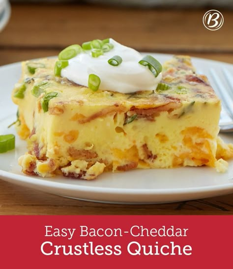 Bacon and cheese make this eggy crustless quiche a guaranteed crowd-pleaser. Plus, it’s so easy that it’ll be your go-to recipe for every breakfast and brunch occasion!  Crunched for time? Bacon slices can be purchased that are fully cooked. Find this product in the meat department of the grocery store. For this recipe, one (2.52-oz) package precooked bacon slices can be used in place of the 1 lb uncooked bacon. Prepare precooked bacon as directed on package, then coarsely chop. Precooked Bacon, Quiche Easy, Bacon And Cheese Quiche, Egg Bake, Bacon And Cheese, Easy Bacon, Breakfast And Brunch, Breakfast Quiche, Crustless Quiche