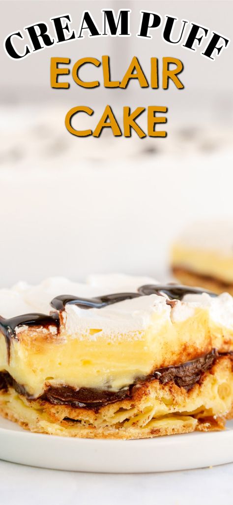 This amazing cream puff chocolate eclair cake has a choux pastry base and is topped with irresistible chocolate eclair filling. #chocolateeclaircake #creampuffcake #cakerecipes #potluckrecipes #summerrecipes #amandascookin Cream Puff Chocolate, Eclair Filling, No Bake Eclair, Cream Puff Dessert, Chocolate Eclair Dessert, Eclairs Dessert, No Bake Eclair Cake, Eclair Cake Recipes, Cream Puff Cakes