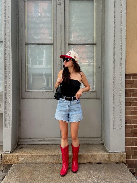 And suddenly I’m obsessed with red cowboy boots   #liketkit #LTKStyleTip #outfits #cowboyboots #red #fallfashion Outfits With Red Cowgirl Boots, Red Cowboy Boot Outfits, Outfits With Red Cowboy Boots, Red Boots Outfit Western, Red Boot Outfit, Red Cowgirl Boots Outfit, Cowboy Boots Outfit Fall, Red Boots Outfit, Red Cowboy Boots Outfit