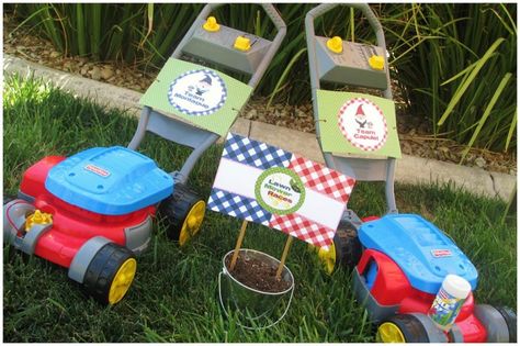 Gnomeo and Juliet Party:  Lawnmower races Landscaping Party Theme, Lawn Mower Birthday Party Ideas, Mower Birthday Party, Lawn Mower Birthday, Lawn Mower Birthday Party, Lawn Mower Party, Charlie Grant, Gnomeo And Juliet, Lawn Mower Racing