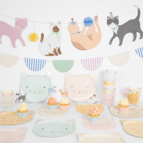 Shop curated sets of our popular party themes, featuring gorgeous tableware and statement hanging decorations, that will make party planning so much easier. Cat Candles, Kitten Birthday Party, Cat Themed Birthday Party, Dog Lovers Birthday, Kitten Party, Space Theme Party, Kitten Birthday, Cat Birthday Party, Adorable Kitten