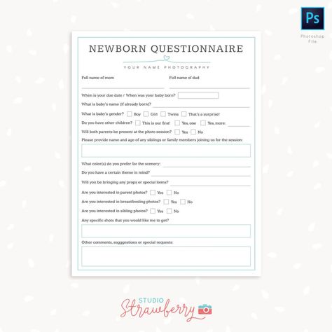 Newborn Questionnaire template photographer Photography Questionnaire, Photography Forms, Photography Brochure, Questionnaire Template, Mini Session Template, Email Signature Templates, Freelance Photography, Things Photography, Romantic Themes