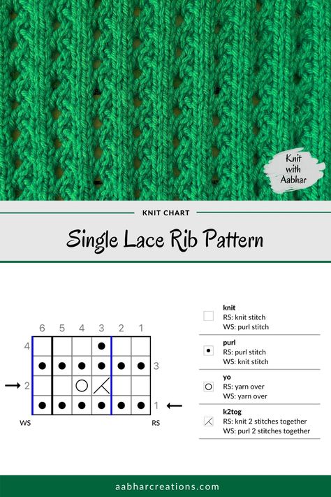 Single Lace Rib Stitch Pattern is a beautiful and delicate pattern that makes the regular rib stitch much more fancy and pretty! #aabharcreations #knitwithaabhar #learntoknit #knittingpattern #freepattern #stitchchart #laceknitting Knit Stitch Patterns Texture, Cable Stitch Knit, Rib Stitch Knitting, Knitted Washcloth Patterns, Lace Knitting Stitches, Design Kitchen Ideas, Knitted Washcloths, Knitting Stitches Tutorial, Knitting Patterns Free Scarf