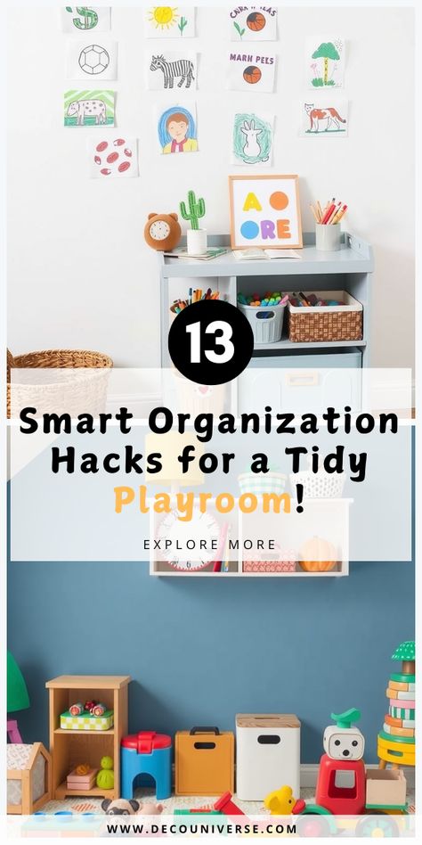 Ready to take control of the chaos? Discover 13 genius playroom organization ideas that will make tidying up a breeze! Save this pin for your next organizing project! Playroom Organization Ideas, Toy Rotation, Clear Storage Bins, Colorful Baskets, Smart Organization, Kids' Playroom, Playroom Organization, Chalkboard Wall, Play Spaces