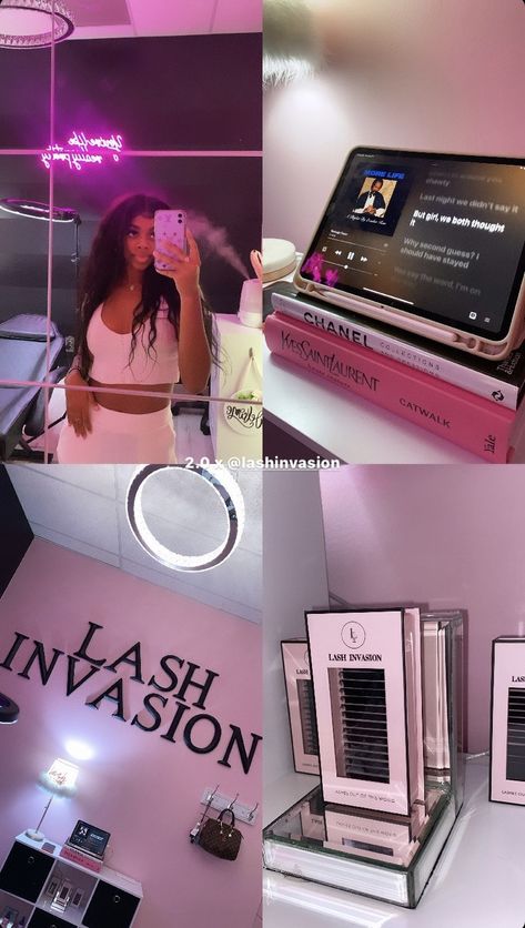 Eyelash Extensions Studio Ideas, Small Lash Room Set Up At Home, Lash Business Vision Board, Lash Booth Ideas, Lash Tech Organization Ideas, Lash Boss Aesthetic, Lash Tech Goals, Lash Tech Lifestyle, Pink And Black Lash Room